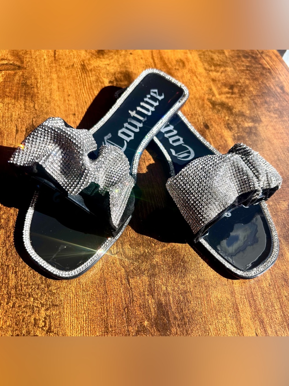 JUICY COUTURE Silver Crystal-Embellished Black Slide Sandal